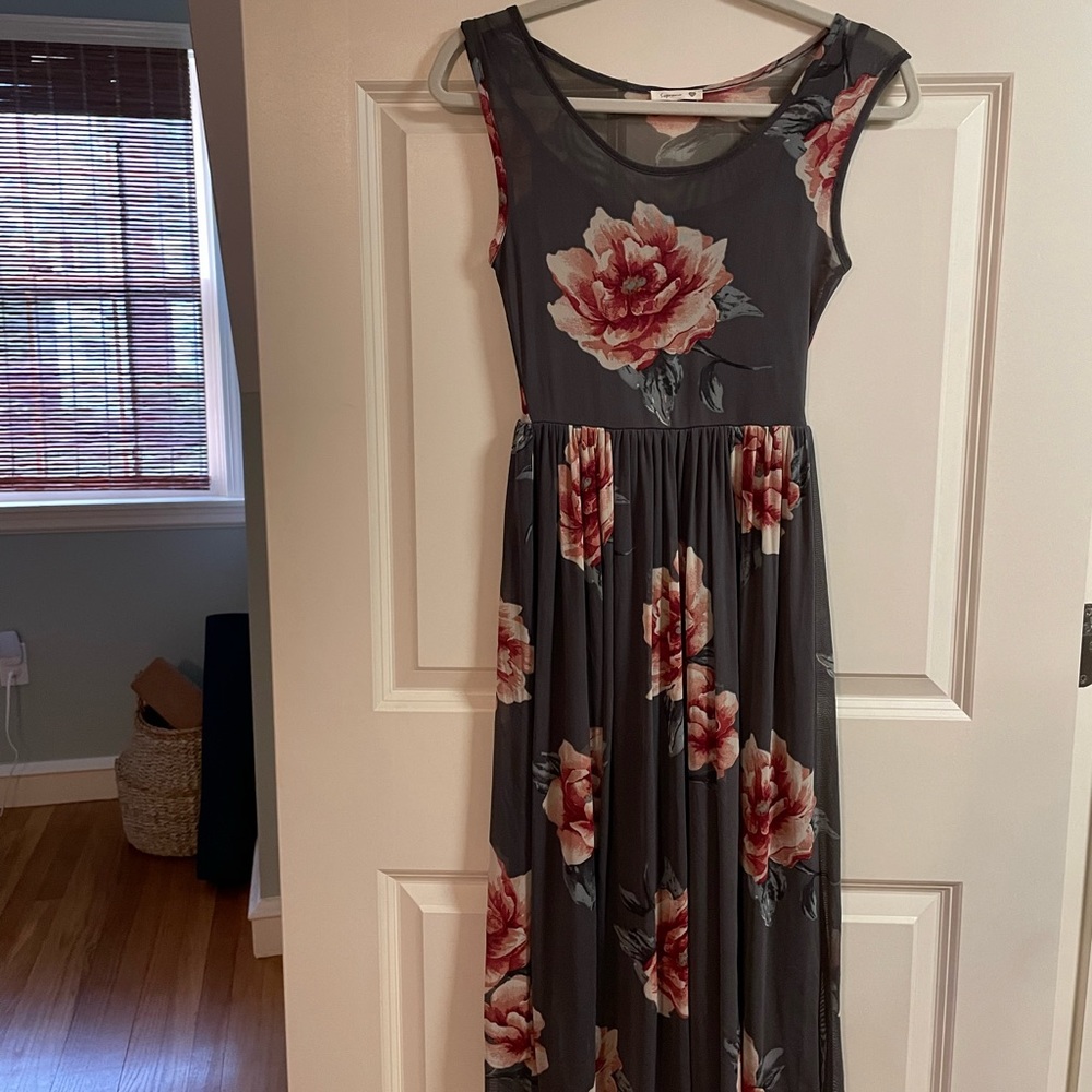 Grey and pink floral midi dress.
